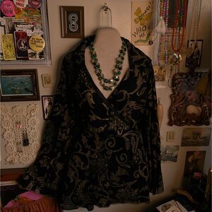 Vintage Faux Wrap Floral Blouse Women's 2XL Black Gold Sparkly Floral Print Y2K